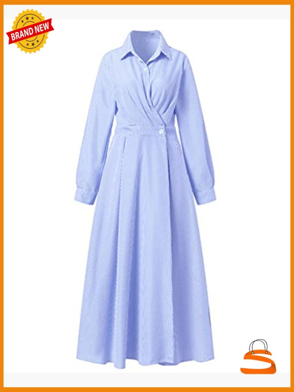 Elegant Striped Shirt Midi Dress Button Down Long Sleeve A-Line Wedding Guest - Picture 4 of 7